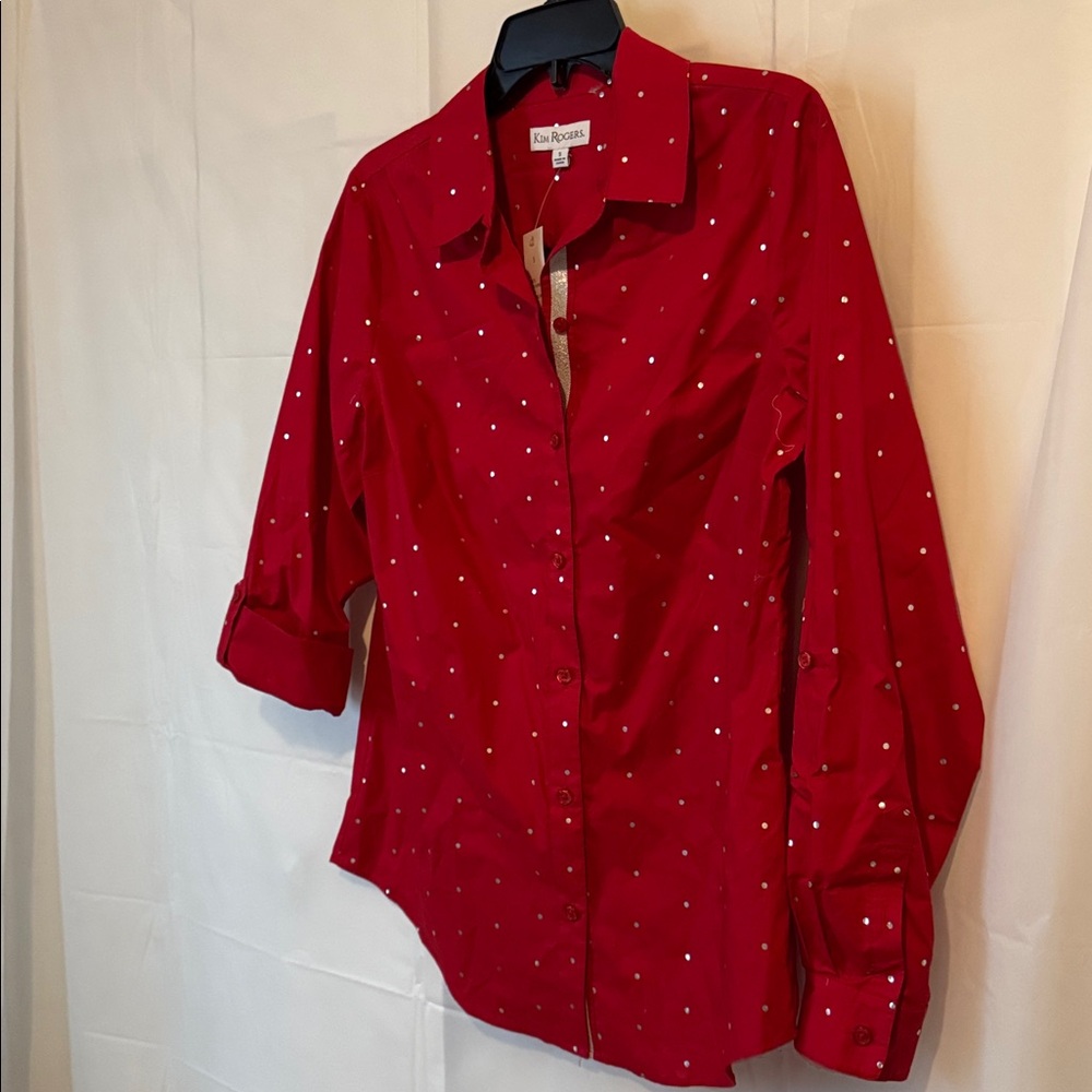 NWT Kim Rogers Small button-down shirt with metallic silver dots Cuff Sleeves - Picture 8 of 11